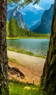 Breathtaking view of lake dobbiaco framed between two trees, showcasing the stunning landscape of