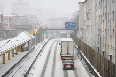 Essen, North Rhine-Westphalia, Germany - Onset of winter in the Ruhr region, few cars and lorries