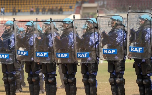 Personnel of the Rapid Action Force (RAF), a specialised unit of the Central Reserve Police Force,