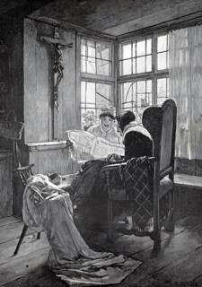 A woman reading from the newspaper to her grandmother, living room with a crucifix and wood