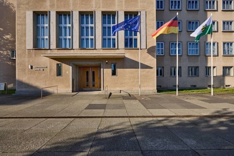 Saxon State Parliament, old building, administration, covered entrance, European flag, German flag,