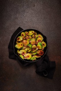 Roasted brussels sprouts, with bacon, vegetarian food, homemade, no people