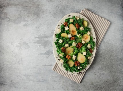 Keto Salad, pear with blue cheese and walnut, selective focus, no people, close-up