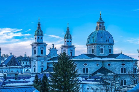 View from the Festungsberg over the historic city centre and the cathedral, a Roman Catholic