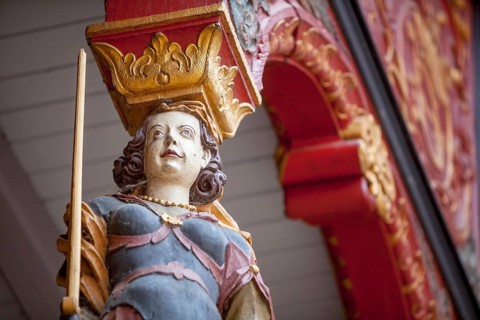 Woman with sword and libra, City hall stairs, symbol for justice, historic town hall, Duderstadt,