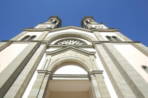 Neo-Romanesque St. John the Baptist Church, looking up, twin towers, Todtmoos, Southern Black