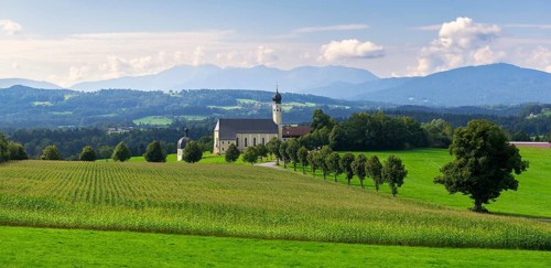 Pilgrimage church of St Marinus and Anian in Wilparting, cornfield, avenue, panorama, municipality