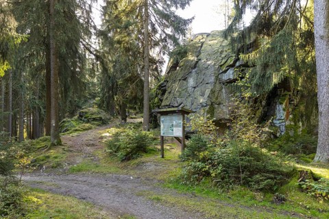 Hiking trail and information board in the forest at the Wendelstein rock formation near Grünbach,