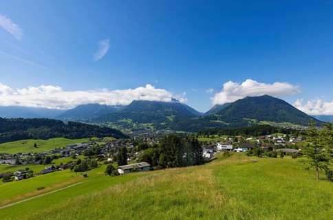 View of the village with parish church, Göfis, Walgau, Vorarlberg, Austria