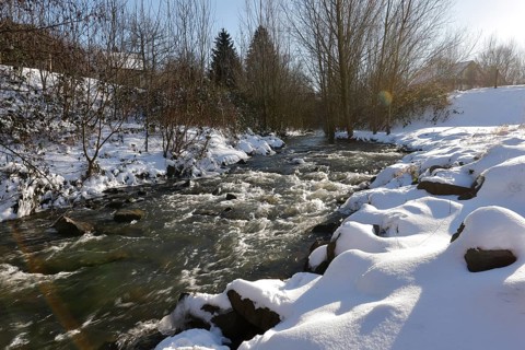 Dortmund, North Rhine-Westphalia, Germany - Sunny winter landscape in the Ruhr area, ice and snow