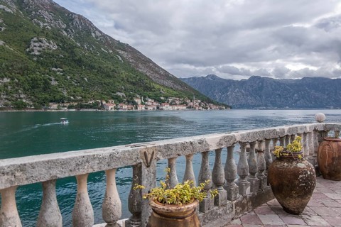 View from the island of Gospa od Skrpjela, Mary of the Rock, to Perast, Bay of Kotor, Montenegro