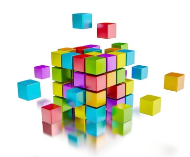 Business team teamwork collaboration concept, colorful color cubes assembling into cubic structure