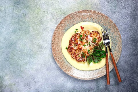 Cauliflower steak, with mashed potatoes, spices and herbs, homemade, no people