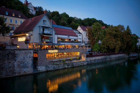 View in summer from the Neckar bridge to the Neckarmüller beer garden, El Chico restaurant,