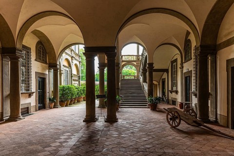 Entrance area with columns and round arches, Palazzo Pfanner, historic city centre, Lucca, Tuscany,