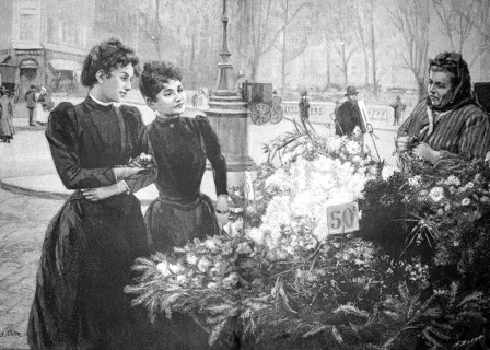 At the flower market in Paris around 1880. Two customers look at the offer from the flower seller,