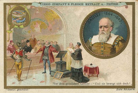 Photo series researchers, scene depicting Galileo Galilei in front of the Inquisitional Court,
