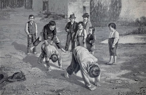 Scene of children playing outdoors, 1896, a classic break game, possibly bounce jumping or a
