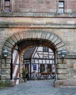 The portal to the Handwerkerhof am Königstor in the old town of Nuremberg, Middle Franconia,