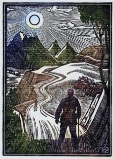 Woodcut on the front by Norman James from the book The Gentle Art of Tramping by Stephen Graham,