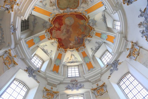 Vaulted ceiling with fresco painting in the Vierzehnheiligen Basilica, Bad Staffelstein,