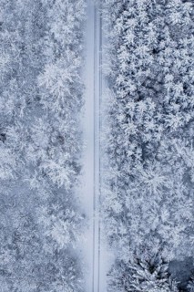 Aerial view of a snowy road through the forest, Gechingen, Calw district, Germany