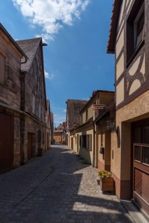 Historic houses in a small alley, Lauf an der Pegnitz, Middle Franconia, Bavaria, Germany