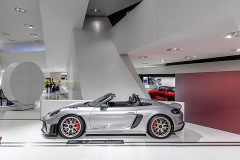 Porsche Museum Stuttgart-Zuffenhausen. Porsche 718 Spyder RS model from 2023. The automotive museum