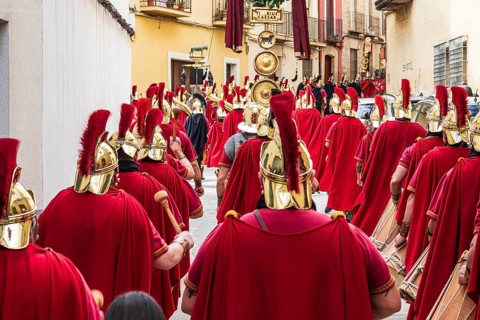 Drum and trumpet band parading through the streets of Ubeda during the celebration of the