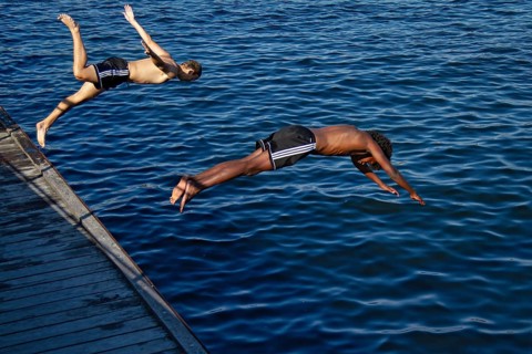 Zwei Jungen springen synchron ins blaue Wasser bei hellem Sonnenschein, Kopenhagen