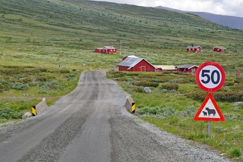 Graveled road with road sign leads through a landscape with red houses, Fjell, Jotunheimvegen,