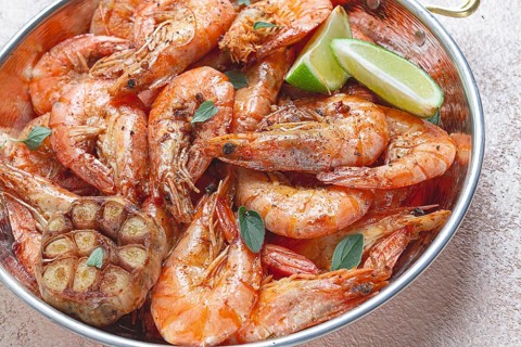 Fried tiger prawns, with spices, homemade, top view