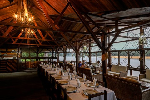 Restaurant at Doli Lodge on the Sangha River, blue hour, Bayanga, Sangha-Mbaéré Prefecture, Central