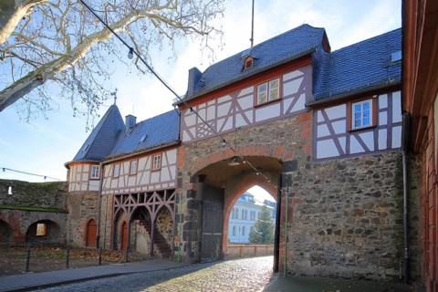 Castle gate built 14th century from inside, town fortification, archway, gatehouse, half-timbered