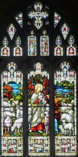 Stained glass window of the Good Shepherd, church of Saint Mary the Virgin Bruton, Somerset,