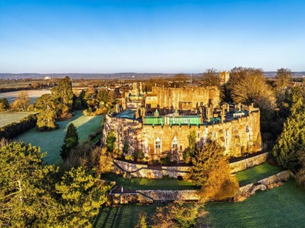 Berkeley Castle from a drone, Berkeley, Cotswolds, Gloucestershire, England, United Kingdom