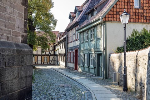 Historic buildings with half-timbered houses at the Oberpfarrkirchhof next to St Sylvestri Church,