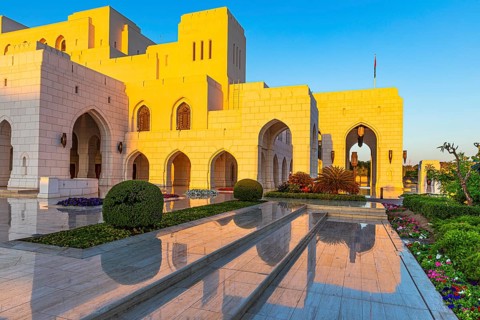 Marble steps on the main square of the Royal Opera in the evening light, Muscat, Arabian Peninsula,