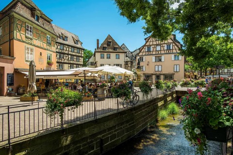 Half-timbered houses and restaurants in the old town, Colmar, Alsace, Bas-Rhin, France