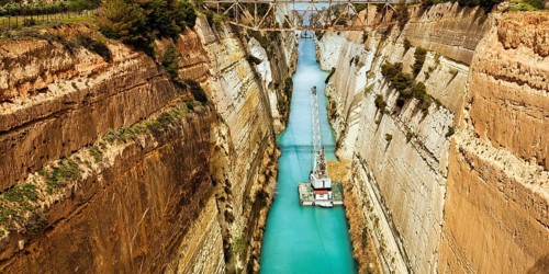 Construction work in the Corinth Canal, restoration after landslide, view of construction cranes,