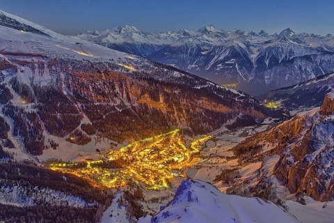 Switzerland, Leukerbad, illumination, twilight, blue hour, Swiss canton Valais, village, Gemmi