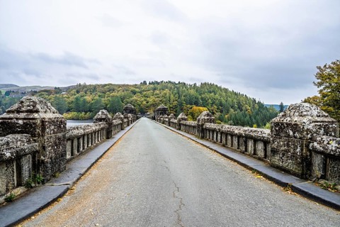 Autumn colors over Llyn Brianne Dam and Reservoir, Lake Vyrnwy, Powys, Wales, UK