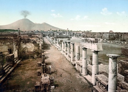 View from the ruins of Pompeii to Mount Vesuvius, Italy, 1890, Historical, digitally restored