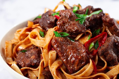 Udon noodles with Mongolian beef, green onions and vegetables, in a white plate, on a light
