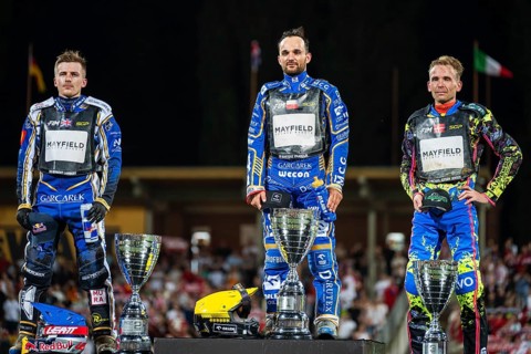 WROCLAW, POLAND - JUNE 20, 2026: DEWALT FIM Speedway GP of Poland. Speedway riders celebrating