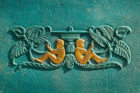 Fountain in front of the Protestant town church, green fountain, detail, relief, depiction of a