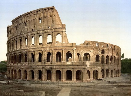 Exterior view of the Coliseum, Rome, Italy, Historic, digitally restored reproduction from a 19th