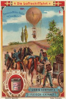 Series Die Luftschiffahrt, Luftschifffahrt, French military balloon on the march, 1894, Liebig