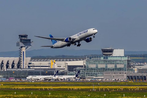 Plane taking off from Fraport Airport in Frankfurt. FRA, EDDF. Aircraft registration number: