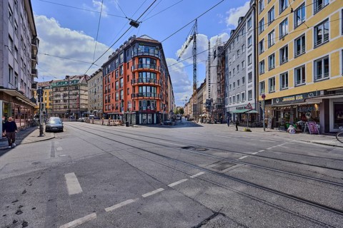 Residential and commercial buildings, general architecture, corner buildings, roads, parking strips